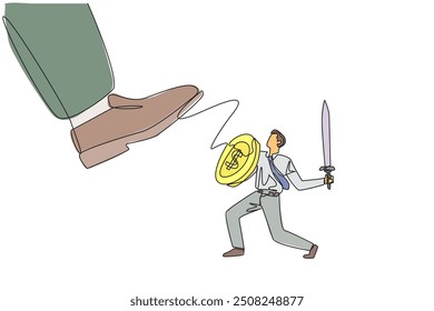 Continuous one line drawing businessman tries to ward off the giant foot that wants to step on him. Big investor destroy market prices. Preventive measure. Single line draw design vector illustration