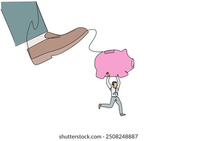 Continuous one line drawing businessman carrying piggy bank run away from giant foot. Saving asset. Save company's future. For a better life in retirement. Single line draw design vector illustration