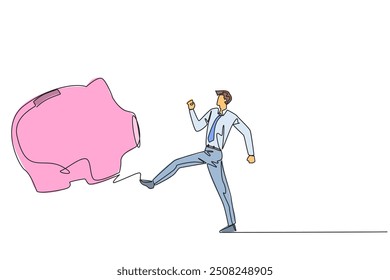 Continuo una línea dibujando hombre de negocios pateando hucha. Se desperdicia la oportunidad de invertir. No hay preocupación por un futuro mejor si se invierte. Ilustración vectorial de diseño de dibujo de línea única