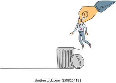 Continuous one line drawing businessman is lifted by giant hand will be put into trash can. Corruption perpetrators. Crime in office must be eliminated. Single line draw design vector illustration