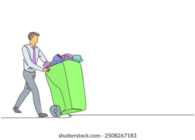 Continuous one line drawing businessman pushing a trash can filled with wads of paper. Throw away administrative records that are no longer needed. Delete. Single line draw design vector illustration