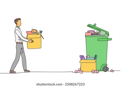 Continuous one line drawing businessman carrying cardboard box full of piles of paper to trash. Throw away unnecessary things. Focus on increasing profits. Single line draw design vector illustration
