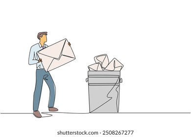 Continuous one line drawing businessman throw large envelope in trash. Throw away many application letters that do not meet the requirements. Job seekers. Single line draw design vector illustration