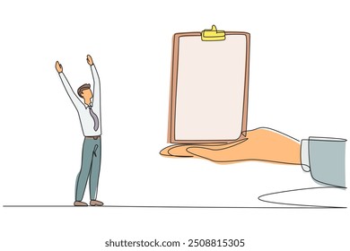 Continuous one line drawing the businessman was excited to get the clipboard from the giant hand. Important prize. Can do reports anywhere. Make checklist. Single line draw design vector illustration