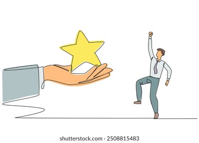 Continuous one line drawing the businessman was happy to get a star from the giant hand. Satisfying review. Get a good rating. Satisfying ranking. The best. Single line draw design vector illustration