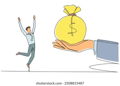 Continuous one line drawing businessman was excited to get money bag from giant hand. Important prize. Smart work that brings benefits. Get company income. Single line draw design vector illustration