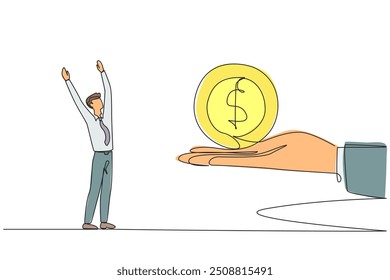 Kontinuierliche eine Linie Zeichnung der Unternehmer ist aufgeregt, um einen Dollar Symbol Münze aus einer riesigen Hand zu erhalten. Das wichtigste Geschenk. Kann für dringende Bedürfnisse verwendet werden. Vektorgrafik mit einfarbiger Zeichnung