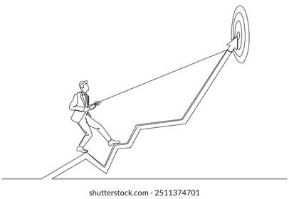 Continuous one line drawing of businessman pulling arrow with rope to hit target, achieving business goal  concept, single line art.