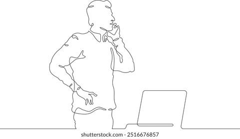 Continuous one line drawing businessman talking on the phone. Man working with laptop. Working on computer. Negotiations. One continuous line isolated minimal illustration.