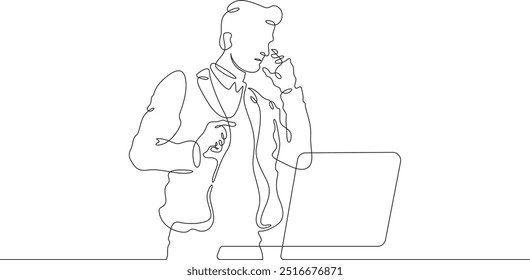 Continuous one line drawing businessman talking on the phone. Man working with laptop. Working on computer. Negotiations. One continuous line isolated minimal illustration.