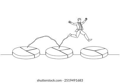 Desenho contínuo de uma linha de empresário saltando no gráfico de pizza com crescente proporção, ganhando mais quota de mercado, desenvolvimento no conceito de concorrência de negócios, arte de linha única.