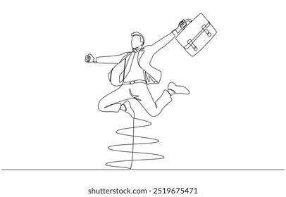 Continuous one line drawing of businessman jumping to celebrate career success, celebration of work achievement concept, single line art.