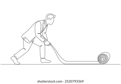 Continuous one line drawing of businessman laying carpet, career path, business direction concept, single line art.