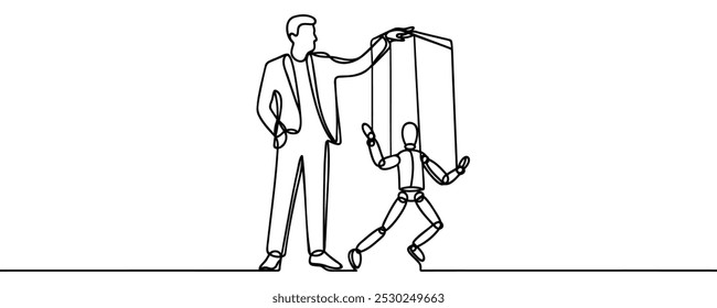 Continuo una línea dibujando hombre de negocios camina al ser movido por cuerdas controladas por una mano gigante por encima. Políticas que nunca se implementan. Como una marioneta. Ilustración vectorial de diseño de dibujo de línea única