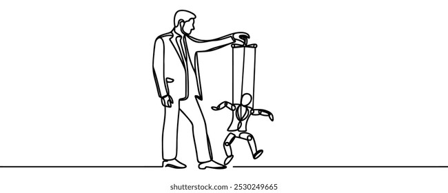 Continuous one line drawing businessman walks by being moved by ropes controlled by a giant hand above. Policies that are never implemented. Like a puppet. Single line draw design vector illustration