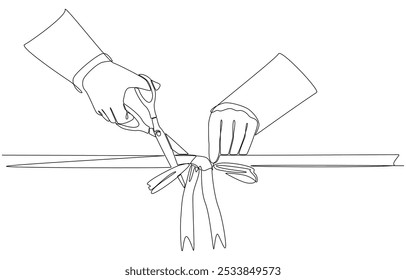 Continuous one line drawing of businessman cutting ribbon for grand opening, ribbon cutting ceremony for opening event or company concept, single line art.