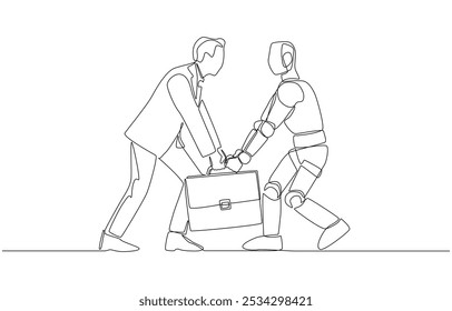 Continuous one line drawing of businessman and robot fighting over for briefcase, conflict between human and  artificial intelligence in job vacancy concept, single line art.