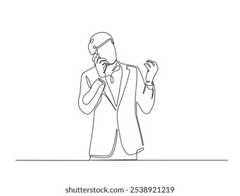 Desenho contínuo de uma linha de empresário segurando telefone celular. Homem ocupado chamando usar smartphone ilustração vetor de arte de linha única. Vetor editável. 
