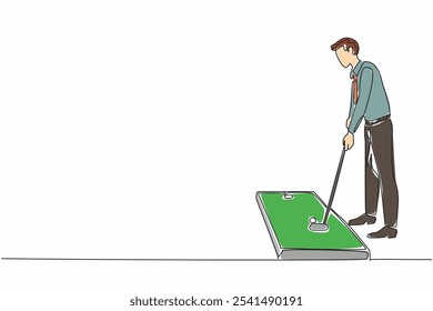 Continuous one line drawing businessman in tie playing mini golf in room. Work can be done later. Today is a play day at the office. National Goof Off Day. Single line draw design vector illustration