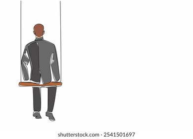 El hombre de negocios de dibujo continuo de una línea se sienta en un columpio. Solo falta un compañero de trabajo que desapareció. Perder el tiempo de trabajar en proyectos juntos. Ilustración vectorial de diseño de dibujo de línea única