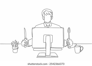 Dibujo continuo de una línea hombre de negocios con cuchillo y tenedor frente al monitor. Empezando la mañana con el desayuno en la oficina. Eficiencia. Día de Desayuno. Ilustración vectorial de diseño de dibujo de línea única