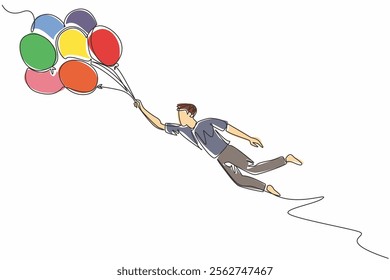 Continuous one line drawing businessman hold many balloons and flying in the wind. Strong winds ruin room decoration plans. Extreme. National Big Wind Day. Single line draw design vector illustration