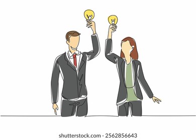 Continuous one line drawing a businessman and a businesswoman each hold up a light bulb. Compete with creative ideas. World Creativity and Innovation Day. Single line draw design vector illustration