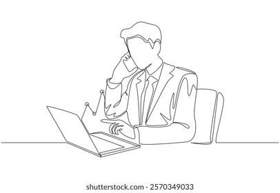 Continuous one line drawing of businessman talking on smartphone while looking at stock chart on laptop, investment consultation, stock broker concept, single line art