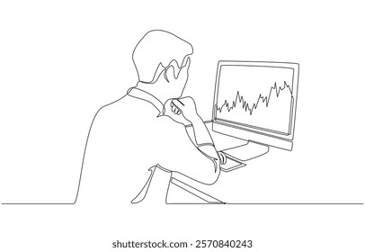 Continuous one line drawing of businessman looking at stock chart on monitor, stock investment concept, single line art