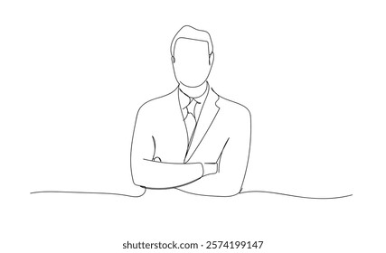 Continuous one line drawing of businessman and crossing arms, business teamwork, partnership concept, single line art. Hand made vector not AI 