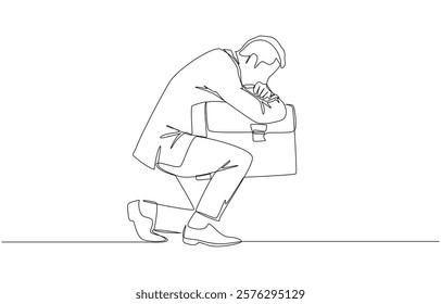 Continuous one line drawing of businessman holding briefcase tightly, effort to protect job during recession concept, single line art.