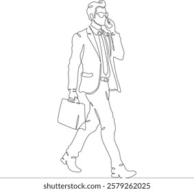 Continuous one line drawing  businessman talking on smartphone. Man with phone. Young man in business suit. One continuous line isolated minimal illustration.Not AI.