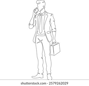Continuous one line drawing  businessman talking on smartphone. Man with phone. Young man in business suit. One continuous line isolated minimal illustration.Not AI.
