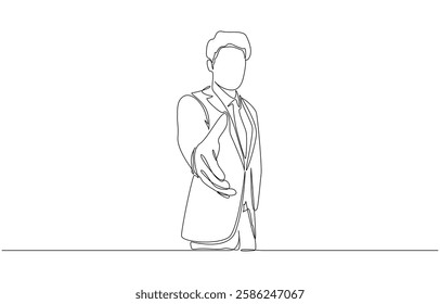 Continuous one line drawing of businessman stretching out hand to welcome new business partner, business greeting, welcoming new company employee concept, single line art