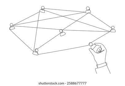 Continuous one line drawing of businessman connecting person icons, building strong project team, human resource management concept, single line art