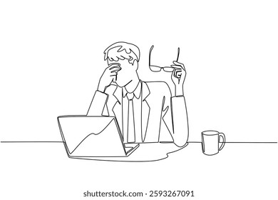 Continuous one line drawing businessman sits while taking off glasses and rubbing his eyes. A programmer who feels very tired. Chronic Fatigue Syndrome Day. Single line draw design vector illustration