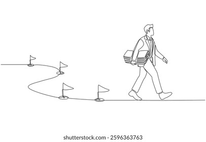 Continuous one line drawing of businessman holding money walking on investment path, investment milestones, business journey concept, single line art