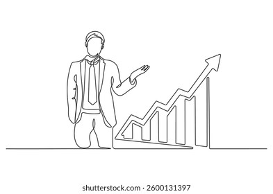 Continuous one line drawing of businessman standing at growing graph presentation. Single line drawing illustration growth chart. Business growth concept vector art. Doodle line illustration. 