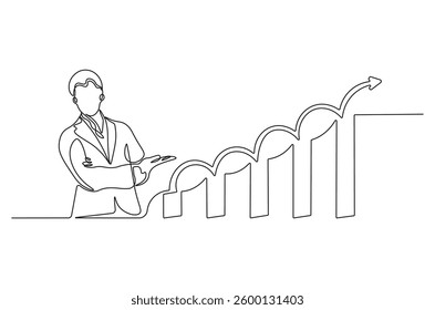 Continuous one line drawing of businessman standing at growing graph presentation. Single line drawing illustration growth chart. Business growth concept vector art. Doodle line illustration. 