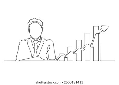 Continuous one line drawing of businessman standing at growing graph presentation. Single line drawing illustration growth chart. Business growth concept vector art. Doodle line illustration. 