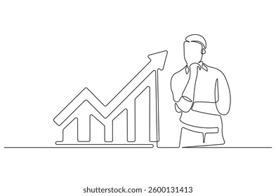 Continuous one line drawing of businessman standing at growing graph presentation. Single line drawing illustration growth chart. Business growth concept vector art. Doodle line illustration. 