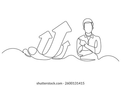 Continuous one line drawing of businessman standing at growing graph presentation. Single line drawing illustration growth chart. Business growth concept vector art. Doodle line illustration. 