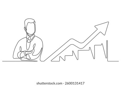 Continuous one line drawing of businessman standing at growing graph presentation. Single line drawing illustration growth chart. Business growth concept vector art. Doodle line illustration. 