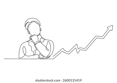 Continuous one line drawing of businessman standing at growing graph presentation. Single line drawing illustration growth chart. Business growth concept vector art. Doodle line illustration. 
