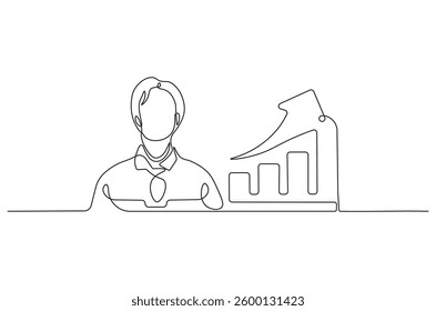Continuous one line drawing of businessman standing at growing graph presentation. Single line drawing illustration growth chart. Business growth concept vector art. Doodle line illustration. 