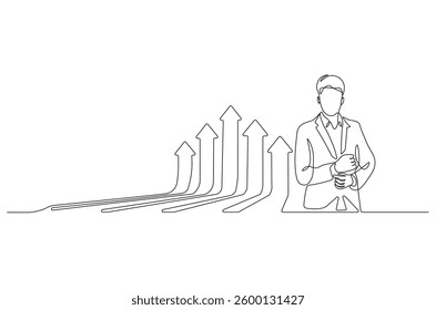 Continuous one line drawing of businessman standing at growing graph presentation. Single line drawing illustration growth chart. Business growth concept vector art. Doodle line illustration. 