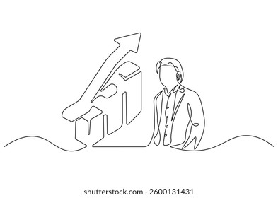 Continuous one line drawing of businessman standing at growing graph presentation. Single line drawing illustration growth chart. Business growth concept vector art. Doodle line illustration. 