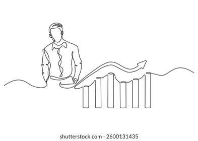 Continuous one line drawing of businessman standing at growing graph presentation. Single line drawing illustration growth chart. Business growth concept vector art. Doodle line illustration. 