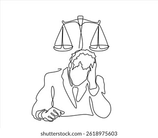 Continuous one line drawing of businessman to balance justice scale, business ethics concept, single line art. Editable stroke.
