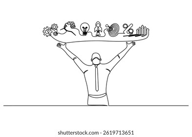 Dibujo continuo de una línea de hombre de negocios con icono de negocio flotante. Ilustración de dibujo de una sola línea de joven empresario. Arte vectorial de concepto de negocio de éxito. Ilustración de línea Doodle.